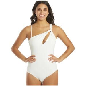 Carmen Marc Valvo Twisted White One Shoulder Cut Out One Piece Swimsuit 6 NWT